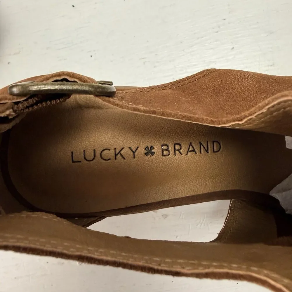 Lucky Brand Bootie Barimo Boots Open toe sandal heel cognac buckle ankle 6.5